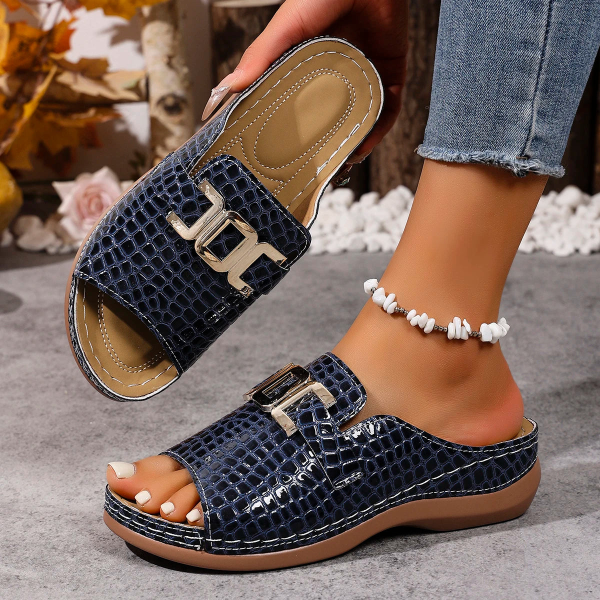 2025 Women Slippers Lightweight Comfortable Casual Flat Designer Zpaxo Navy blue 36