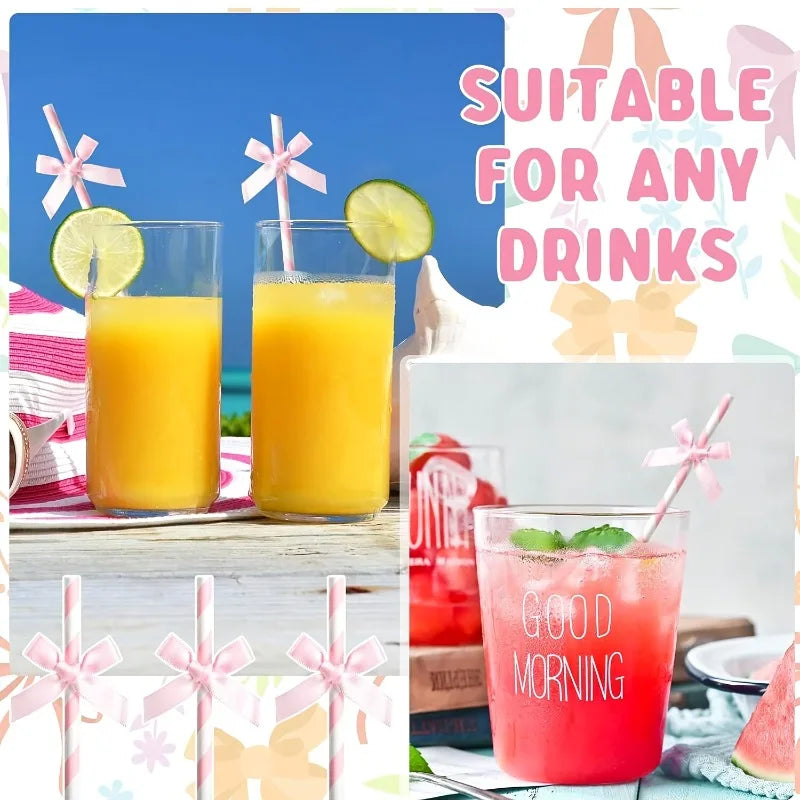 Pink Striped Bow Paper Straws Ribbon Labels Disposable Party Drinking
