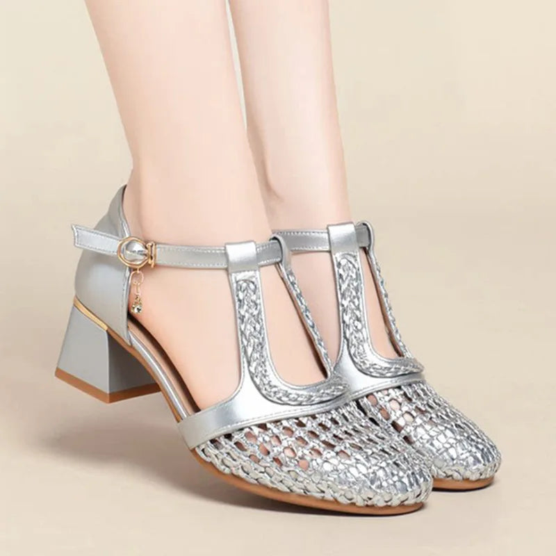 Silver Metallic Woven Hollow Out Sandals T-strap Buckle Closure Round Zpaxo HY26920 silver 39 China Mainland