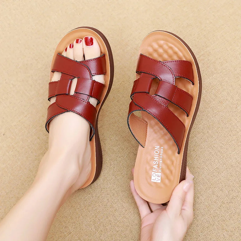 White Leather Wedge Slide Sandals Women Cutout Design Open Toe Non Zpaxo