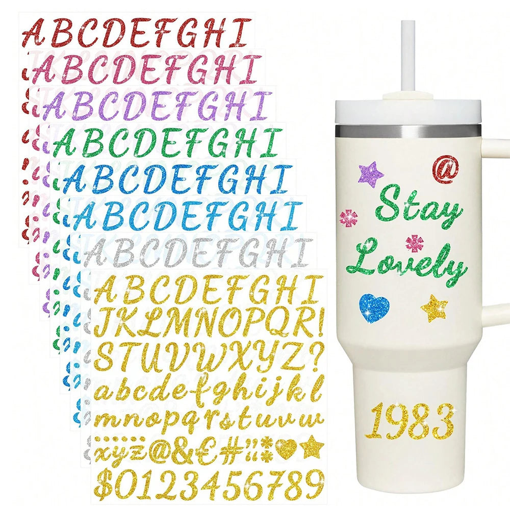8Sheets Glitter Letter Stickers Self-Adhesive Glitter Alphabet Number Labels Stickers for Scrapbook Water Bottles Crafts Decor Zpaxo