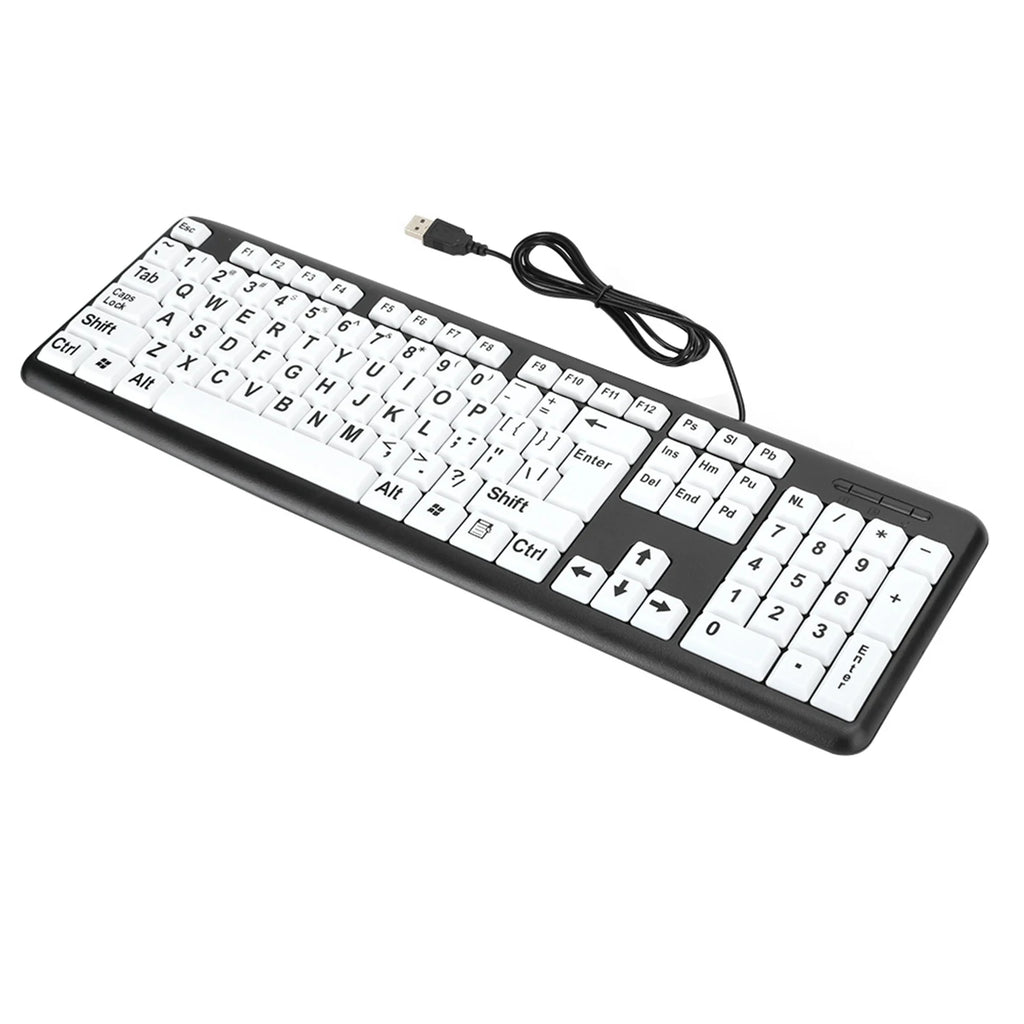 Black Low Vision Keyboard USB Wired Old People White Large Print Keys