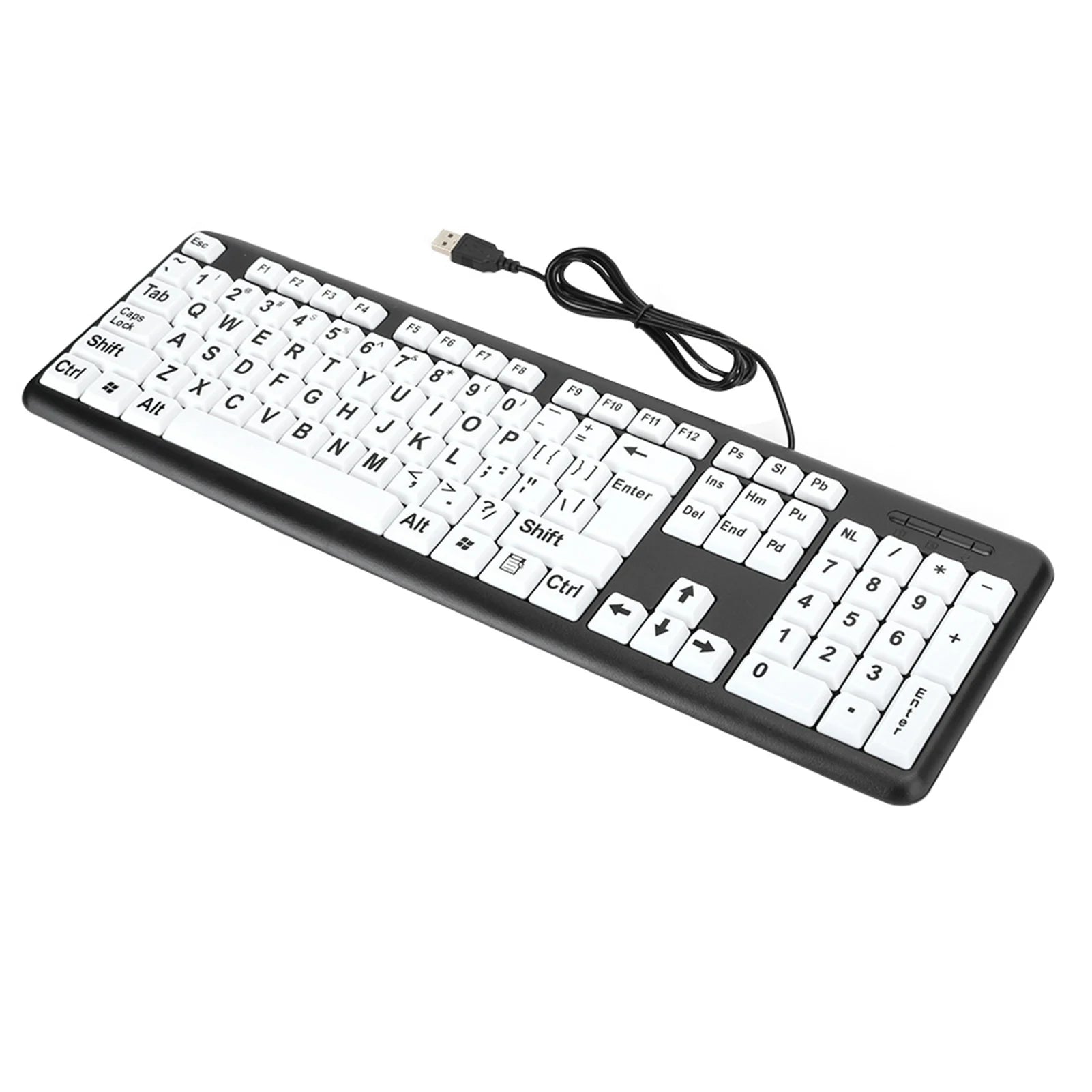 Black Low Vision Keyboard USB Wired Old People White Large Print Keys