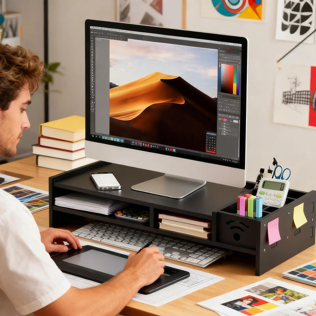 Desk Monitor Stand 2-Tier Ergonomic Shelf Height Riser Storage