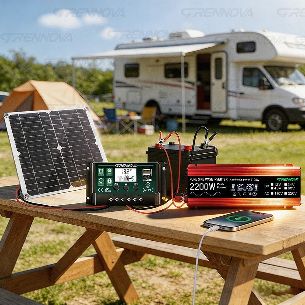 2200W Complete Grennova Solar Kit Pure Sine Inverter High Quality Panel 60A MPPT Controller Real Power For RV/Boat/Farm Home Zpaxo