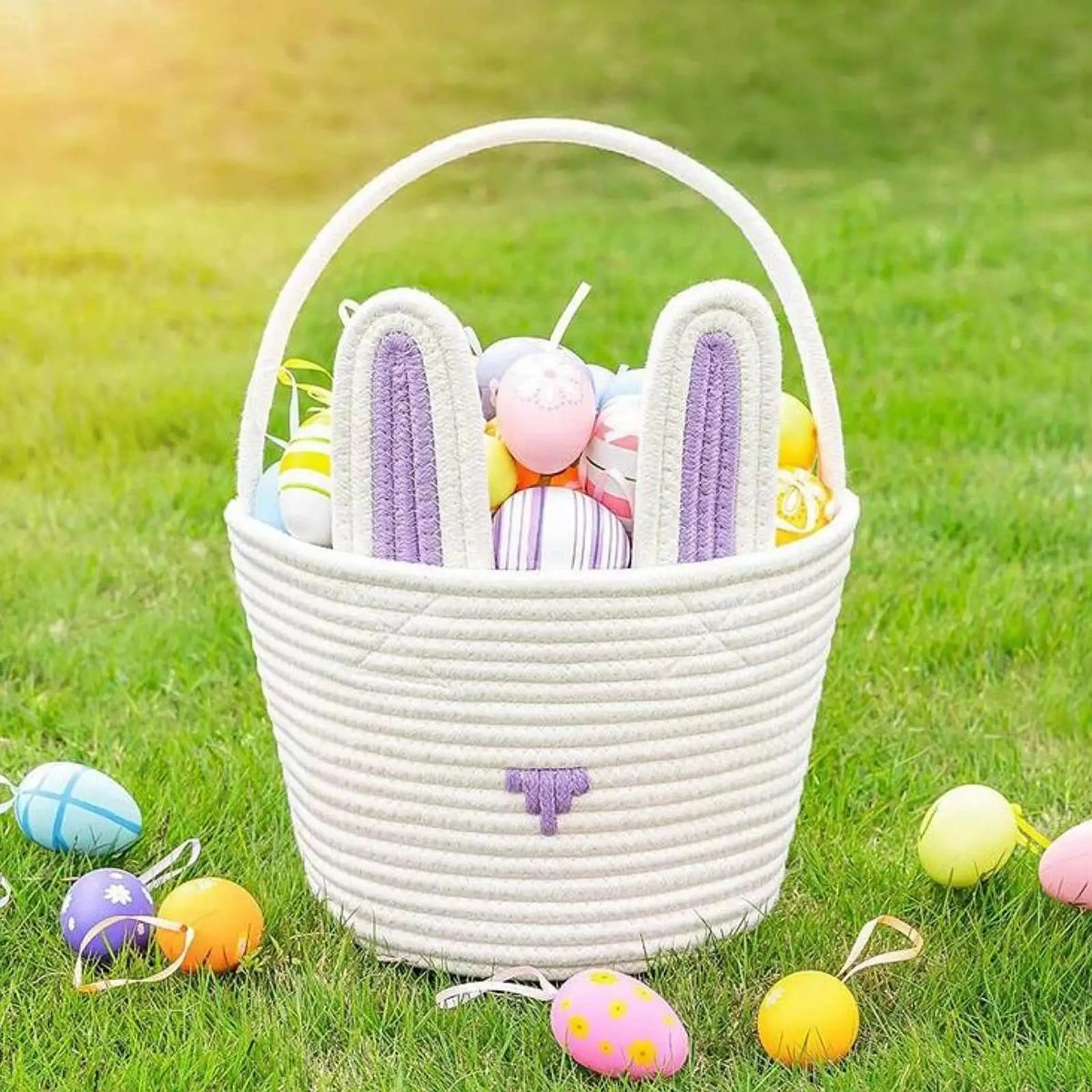 Easter Bunny Basket For Kids Boys Girls Easter Eggs Hunt Basket Reusable Cotton Rope Basket With Rabbit Ears Baby Shower Gifts Zpaxo