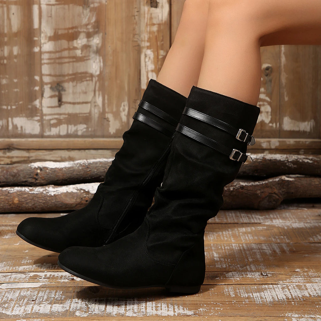 Women Over-The-Knee Boots Spring and Autumn Belt Buckle Flat Boots Women Fashionable Commuter Fashion Shoes Women Pleated Boots Zpaxo