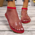 Round Toe Sandals with Hollowed Out Internet Famous Diamond Studded Short Boots Summer Sexy Plus Size Flat Shoes Zpaxo Red 39