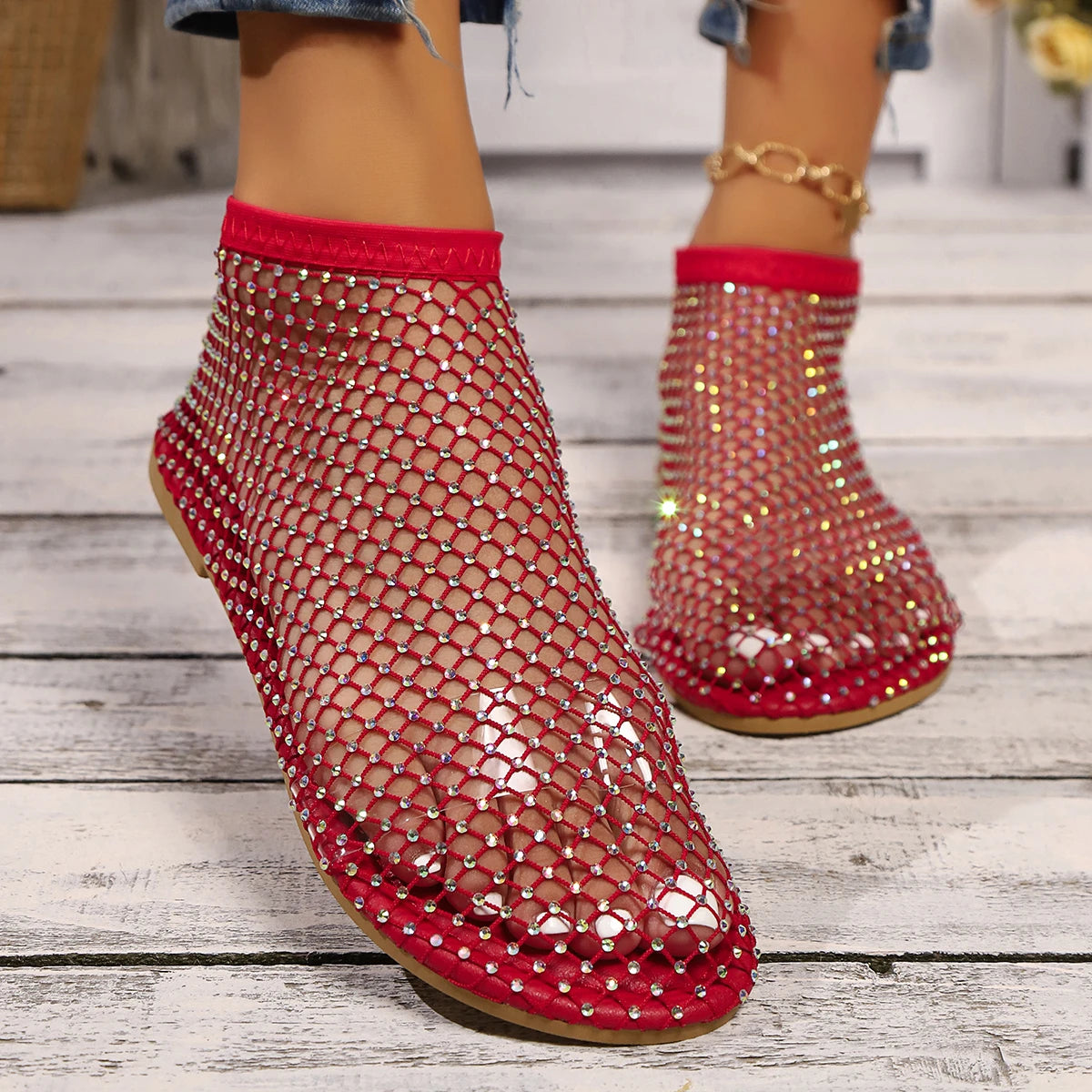 Round Toe Sandals with Hollowed Out Internet Famous Diamond Studded Short Boots Summer Sexy Plus Size Flat Shoes Zpaxo Red 39