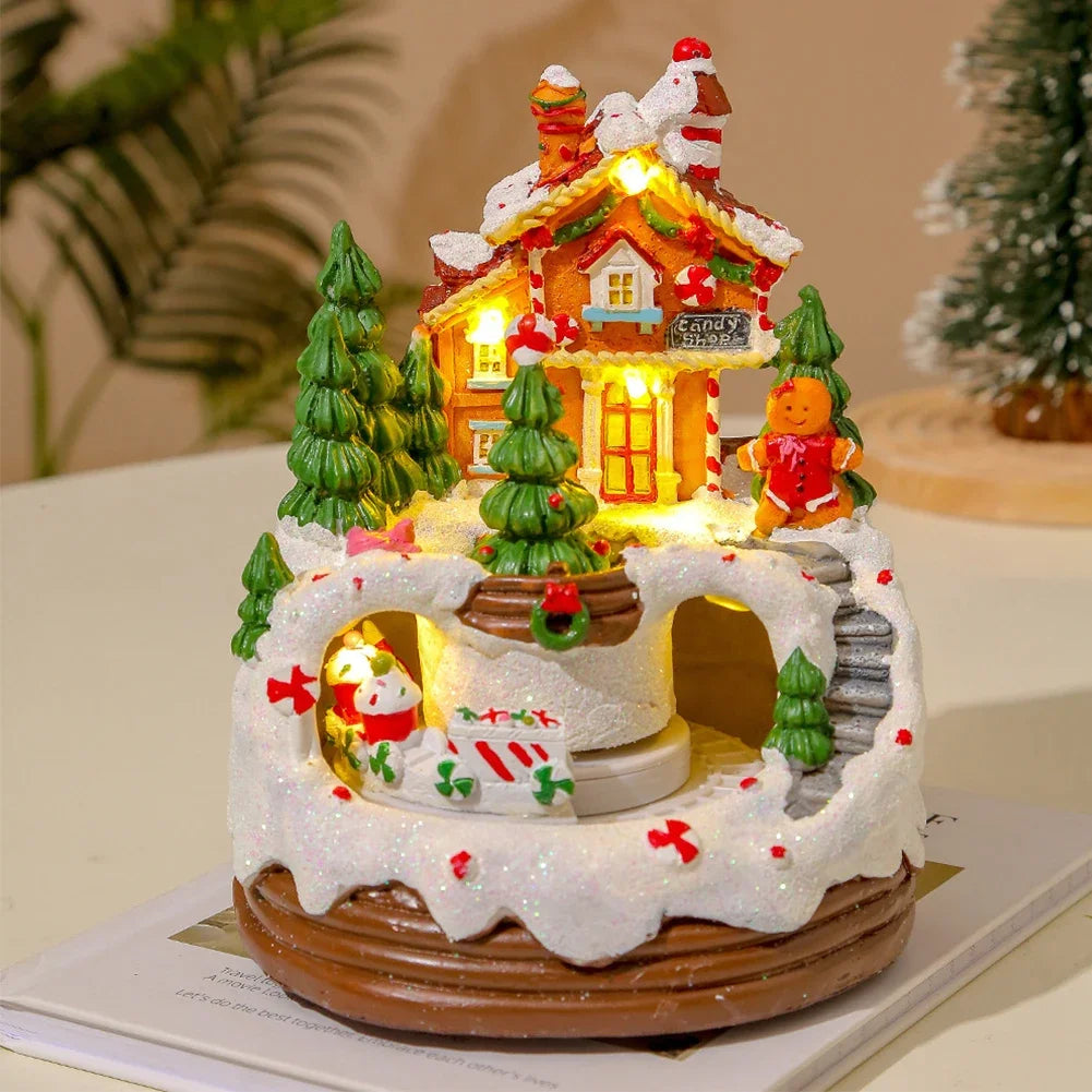 Christmas Music Box Snow House Ornaments with LED Light Resin Rotating Music Figurines Home Christmas Decorations New Year Gift Zpaxo