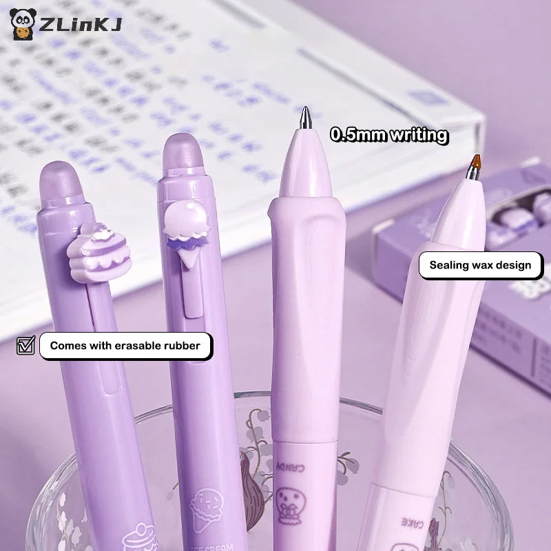 ▶4Pcs/Box 0.5mm Cartoon Cute Erasable Gel Pen Creative Aesthetic Thermal Eraser Pen Black Blue Ink School Supplies Stationery Zpaxo