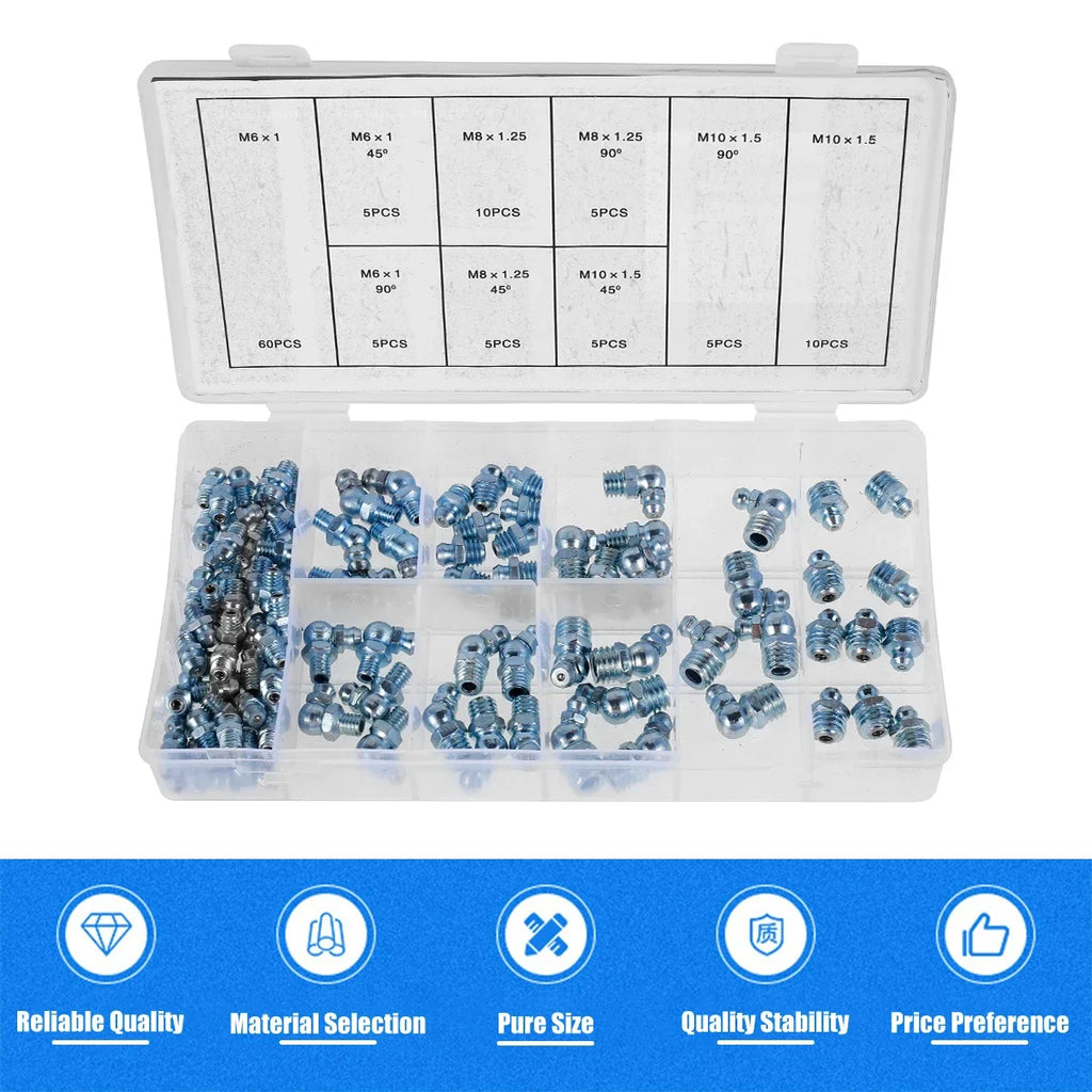 110 Pcs Grease Nipple Fittings Assortment Kit Straight 45/90-Degree Angled Galvanized Metal Grease Nipple Set M6 M8 M10 for Moto Zpaxo