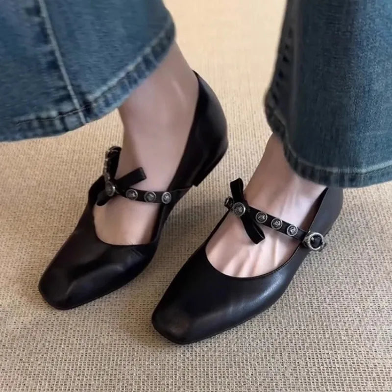 Flat Shoes for Women 2025 Spring and Autumn French Women flats Bow Shallow Mouth Ballet Shoes Square Toe Retro Mary Jane Shoes Zpaxo