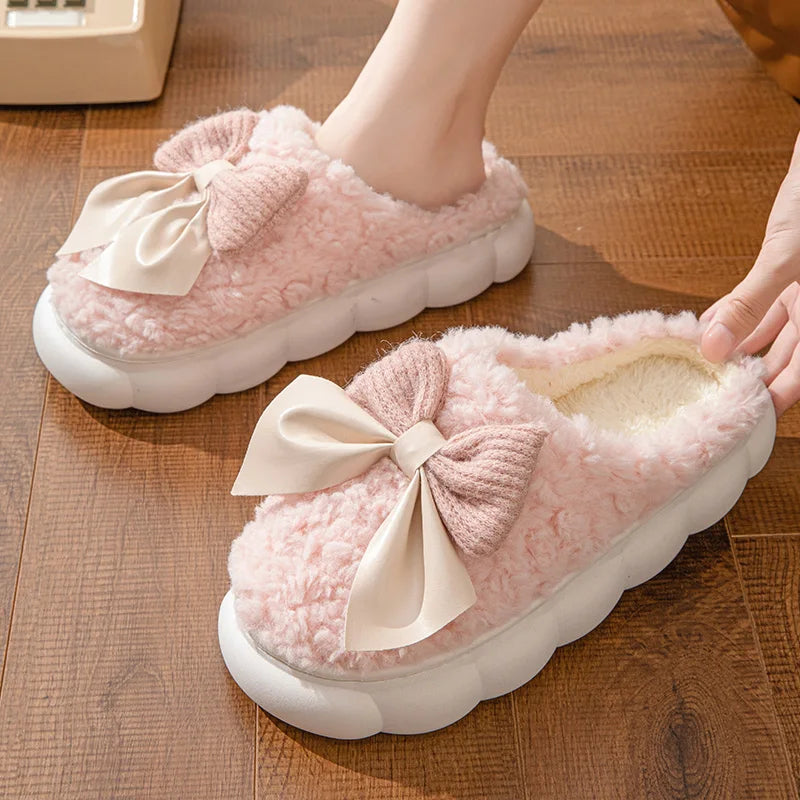 Winter Warm Fur Slippers Women Cute Bow House Non Slip Soft Shoes Zpaxo pink 40-41