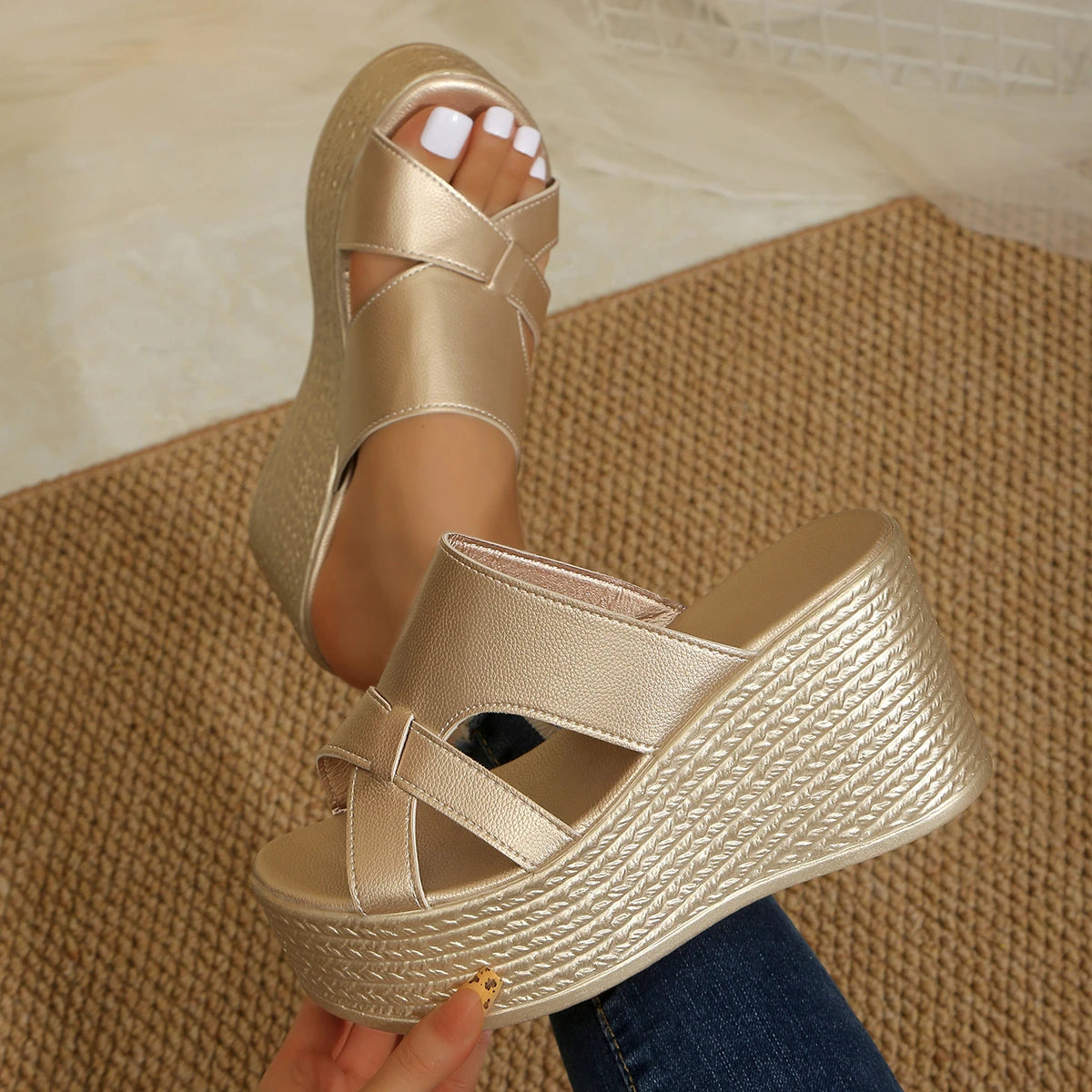 Women Sandals Summer Elegant Platform Shoes Women Designer Solid High Heels Sandals Wedge Lightweight Slippers Zapatos De Mujer Zpaxo