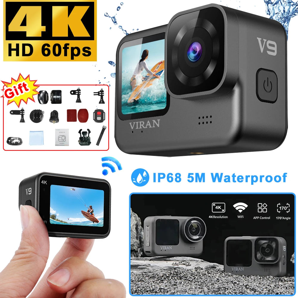 V9 4K Wifi Anti-Shake Camera 60FPS Waterproof Sports Camera with Remote Control Dual Screen Touch Control 170° Wide Angle Pro DV Zpaxo