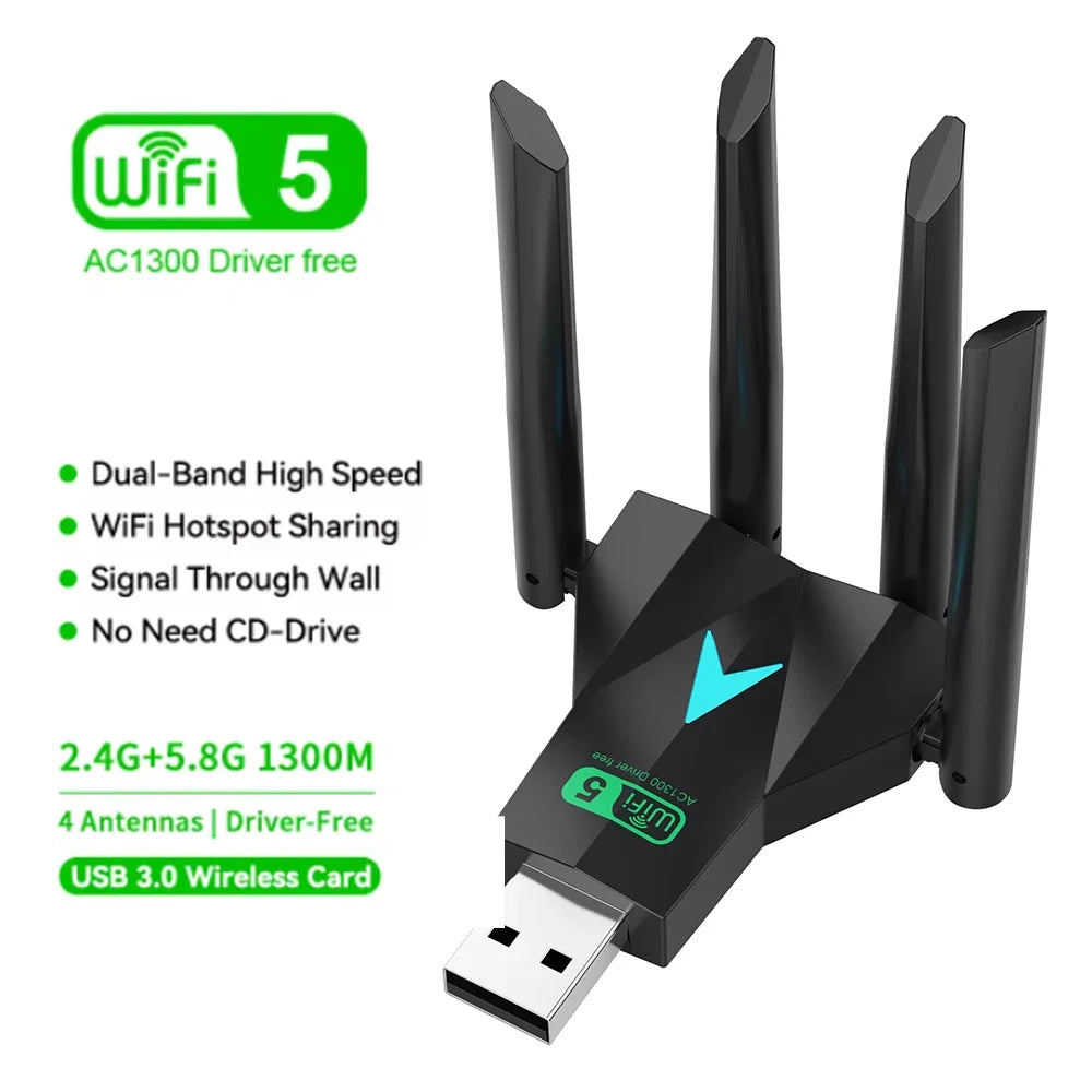 USB 3.0 Network Card 1300Mbps Dual Band 2.4G/5.8Ghz USB Adapter Wi-Fi Dongle 4 Antenna Wireless Receiver 600Mbps Plug-and-Play Zpaxo 1300M