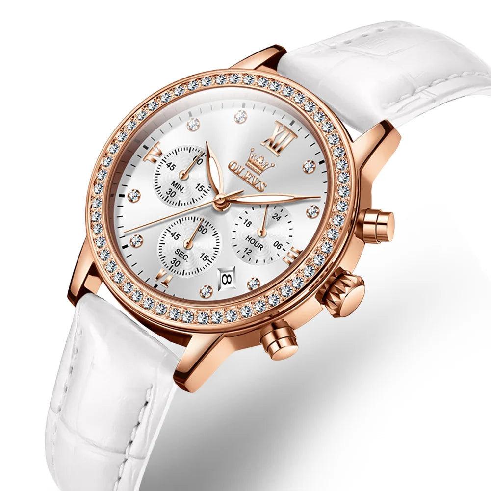 OLEVS Fashion Diamond Watches For Women Luxury Brand Rose Gold Case Ladies Quartz Watch White Leather Strap reloj para mujer Zpaxo White rose gold