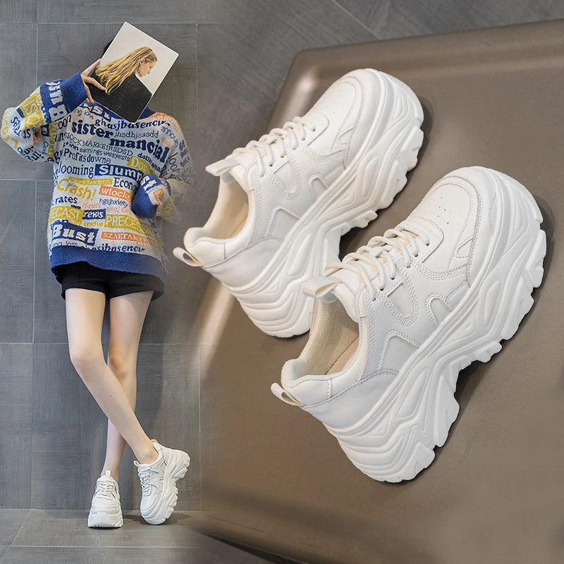 White Chunky Platform Sneakers Ultra Thick Sole Height Increasing Zpaxo