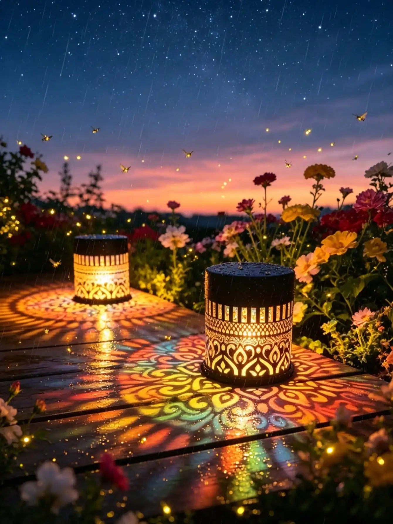 Solar-powered Mandala Pattern Projection Lamp Wrought Iron Mesh Floor