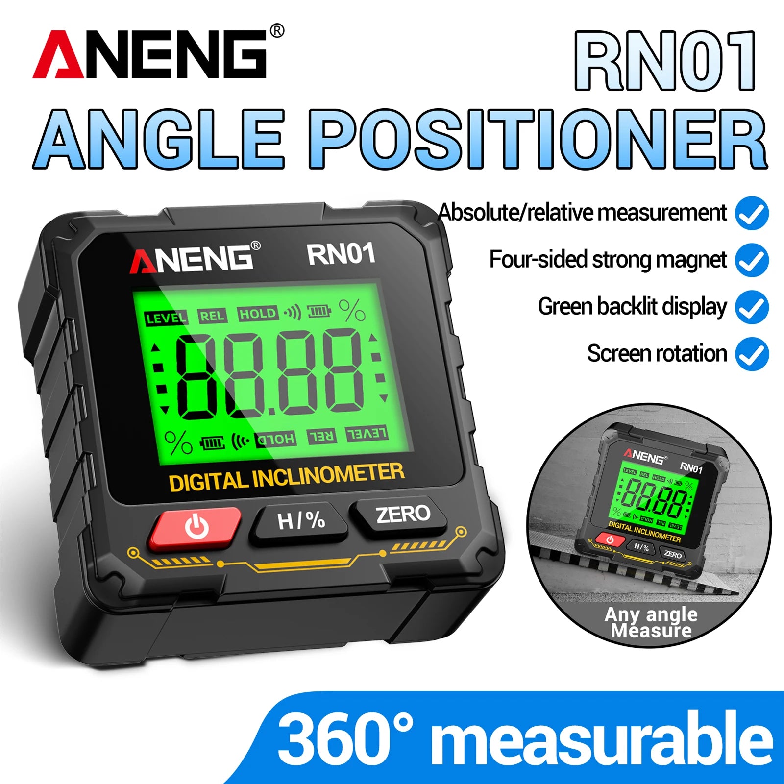 ANENG RN01 Digital Inclinometer 4-Side Strong Mag Angle Gauge 0 05