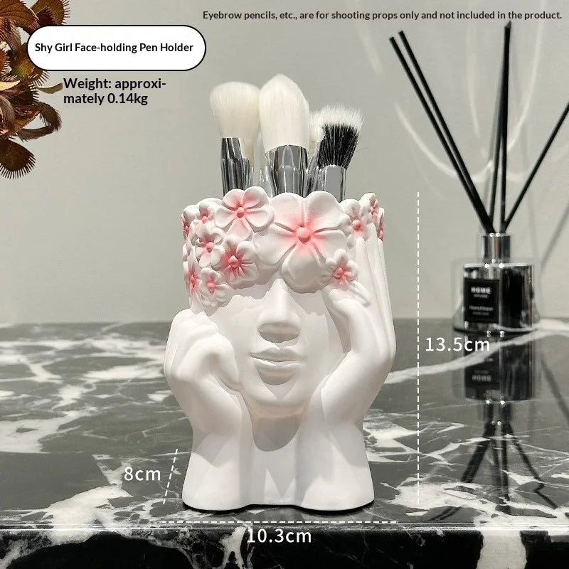 Nordic Face Girl Makeup Brush Holder – Resin Desk Organizer Makeup Brush Holder Zpaxo C