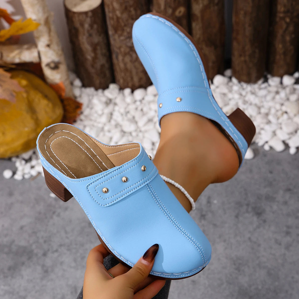 Women Slippers 2026 Chunky Heels Platform Sandals Summer Retro Round Zpaxo SKY BLUE 39