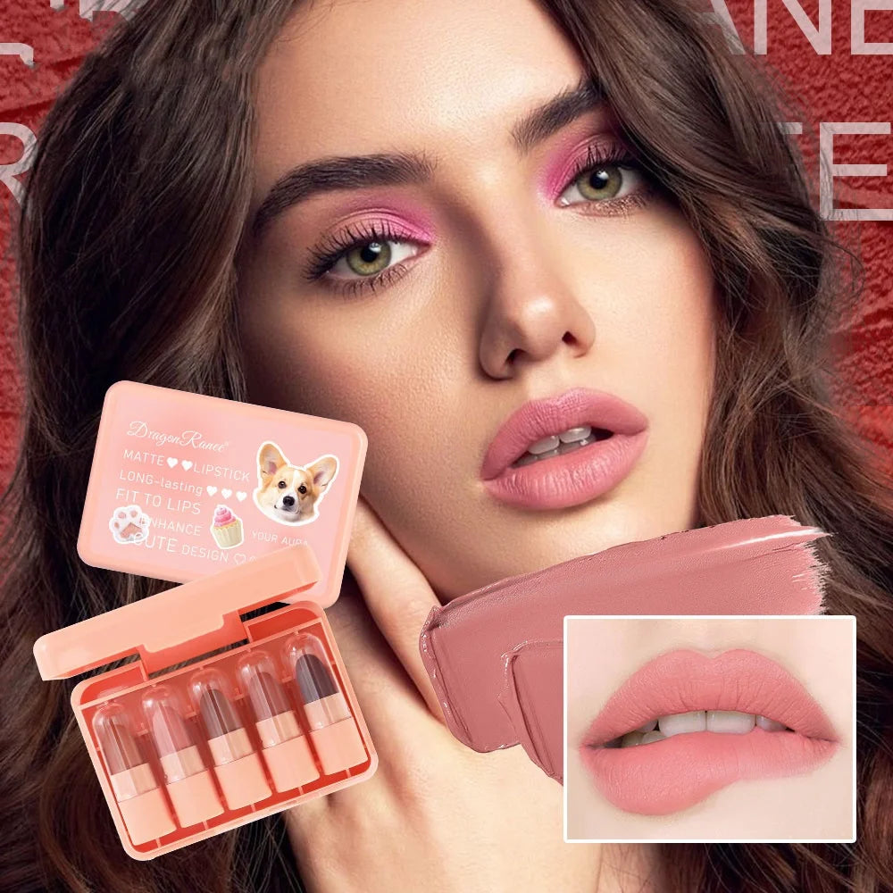 Five Lipstick Set, Matte, Versatile, Waterproof Lip Gloss, Long-Lasting Whitening, Complexion-Enhancing Lip Mud, Non-Fading, Non Zpaxo