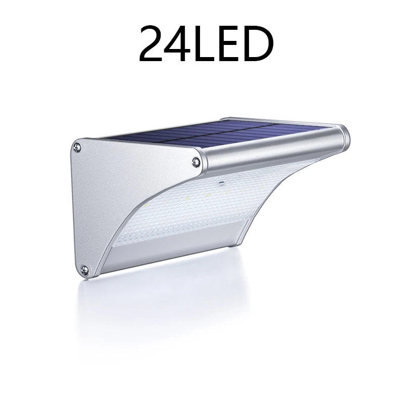 Solar Power Wall Lights Outdoor Garden Lighting Sun Power Lamp with Radar Sensor Street Aluminum 6000mAh Waterproof Shed Light Zpaxo 24LED-Silver Warm Lighting China Mainland