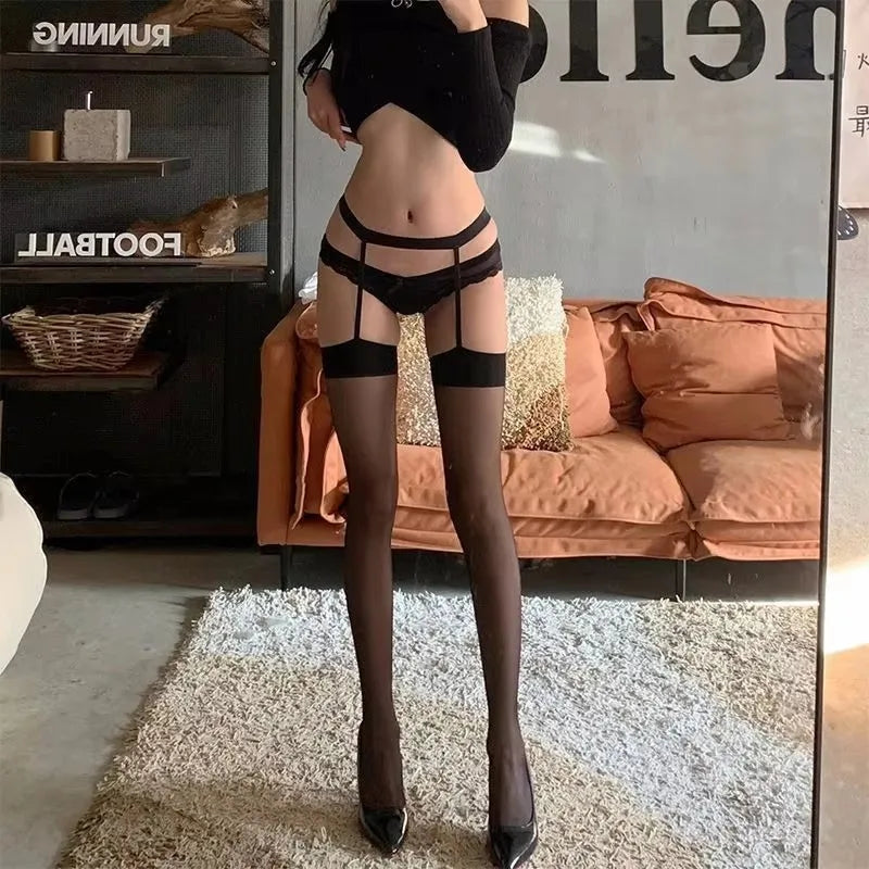 Thigh-High Nylon Stockings with Garter Belt | Black Red Nude