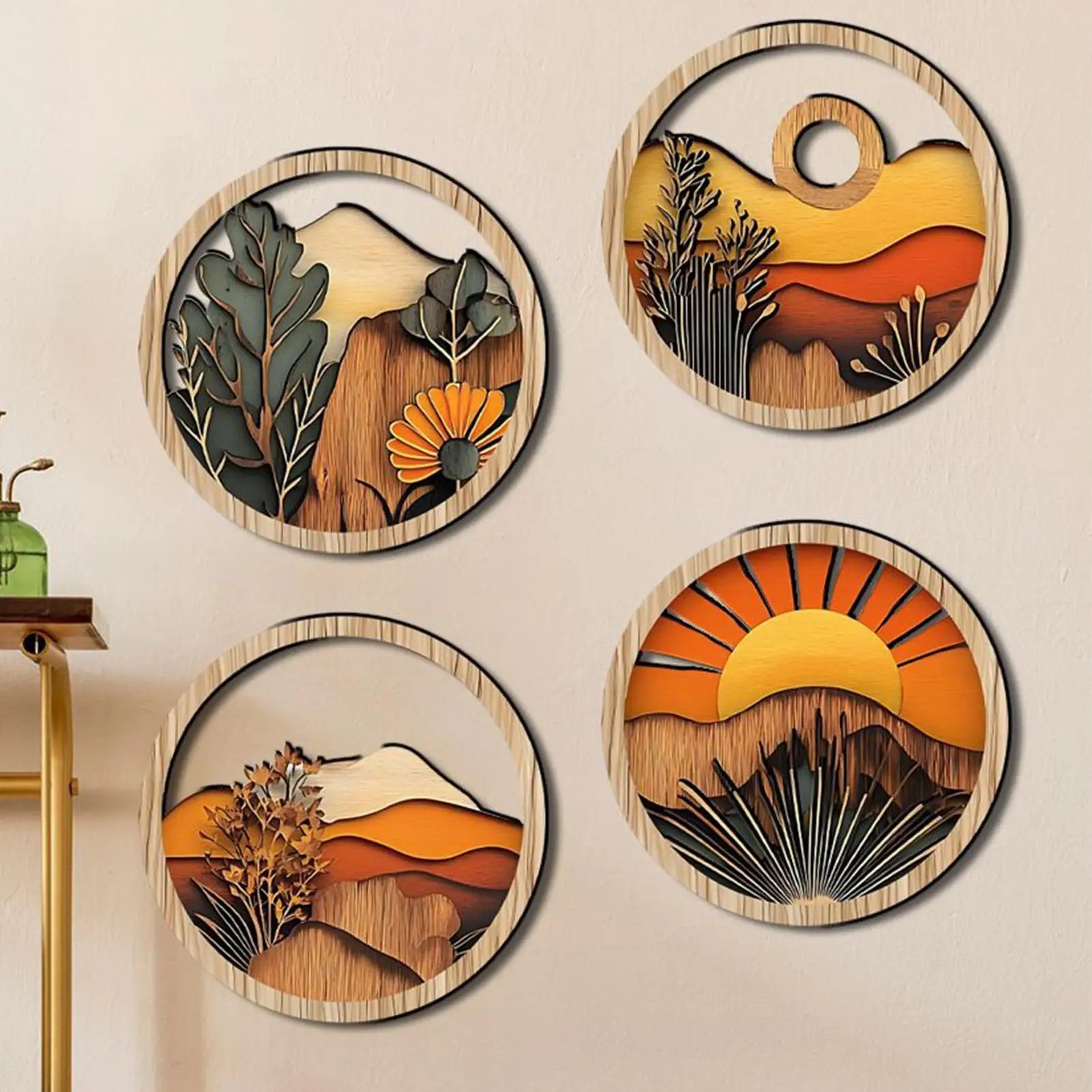 4-Piece Bohemian Wooden Wall Art Set | Boho Geometric Decor Wooden Wall Art Zpaxo
