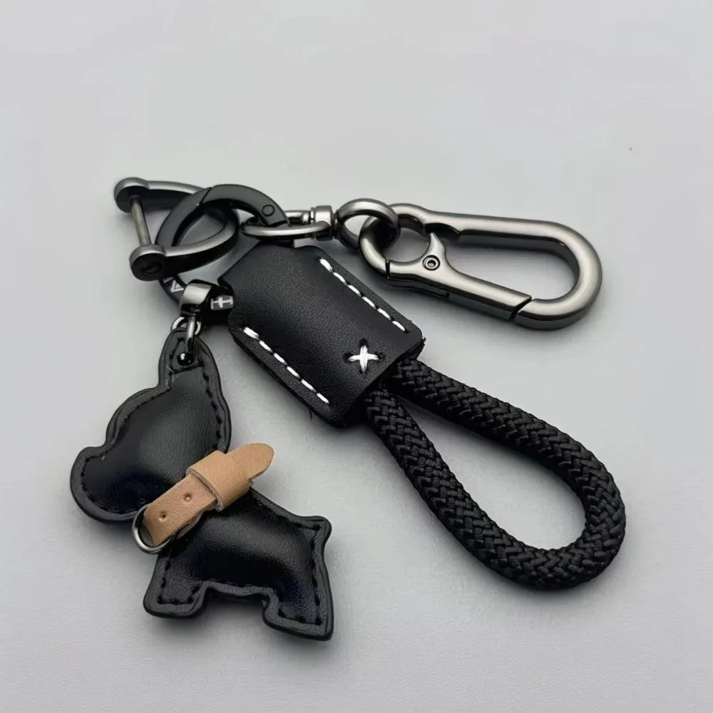 Multi-Use Bulldog Leather Keychain Braided Rope D Buckle Swivel Clasp Bag Charm Cartoon Puppy Thick Rope Key Pendant Holiday Zpaxo
