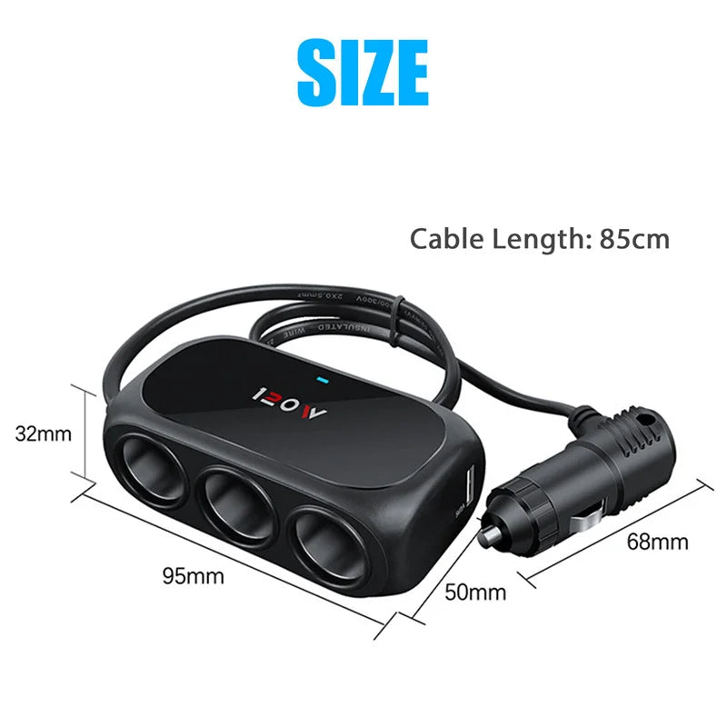 3 Socket Car Cigarette Lighter Splitter Dual USB LED Fast Charger Zpaxo One size Black