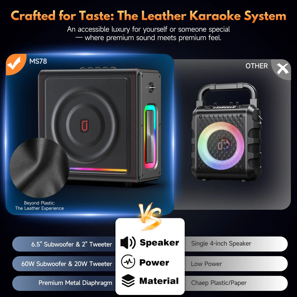MS78 Karaoke Machine 2 Wireless Mics Bluetooth 5 3 Speaker Bass