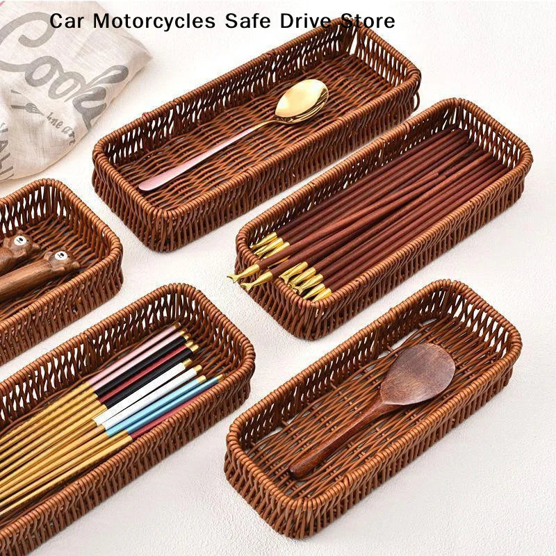 MHandwoven Faux Rattan Storage Tray Waterproof Sturdy Kitchen Cutlery