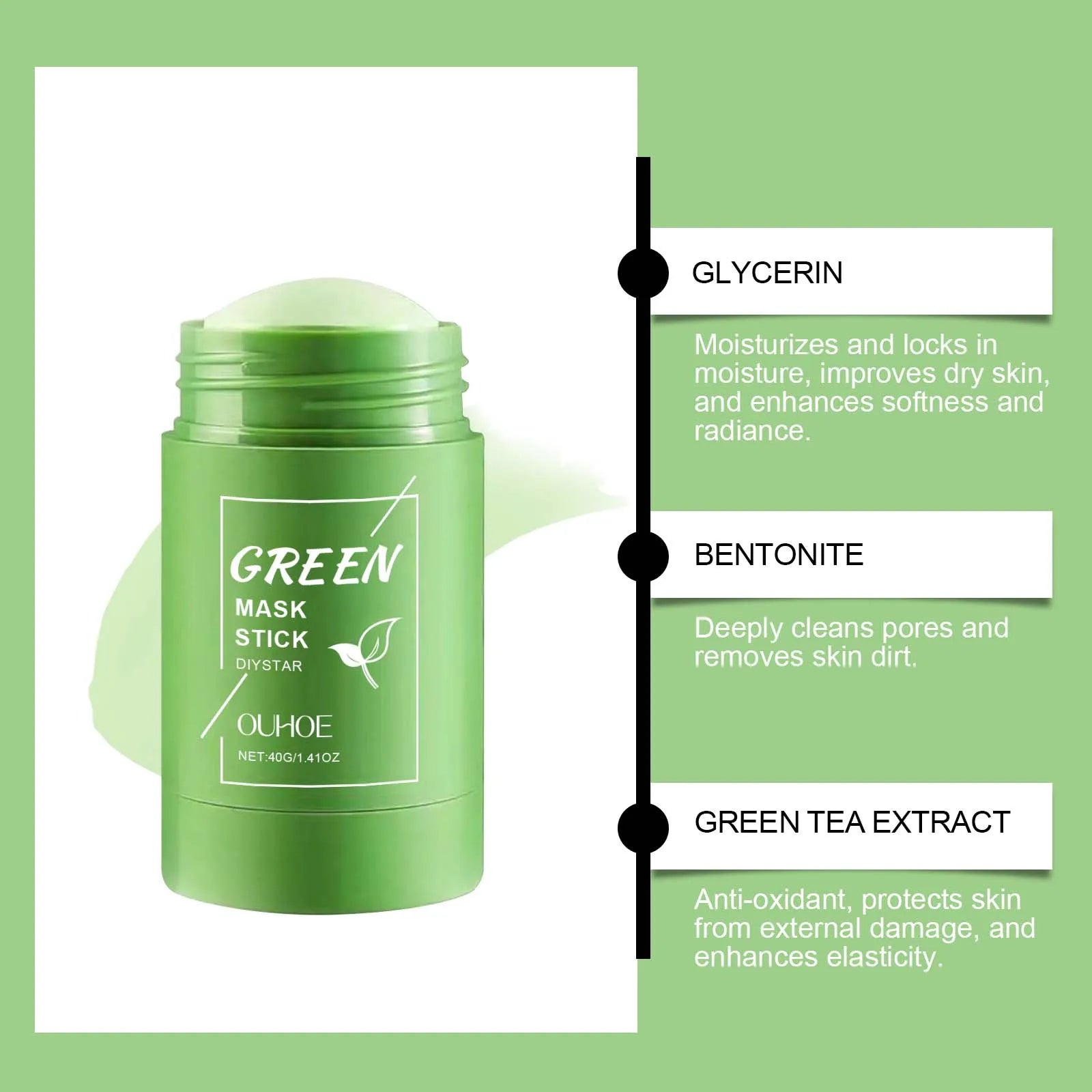 Ouhoe 40g Face Clean Mask Green Tea Cleansing Stick Mask Shrink pores Deep Blackhead Remover facial Cleansing Moisturizing Mask Zpaxo
