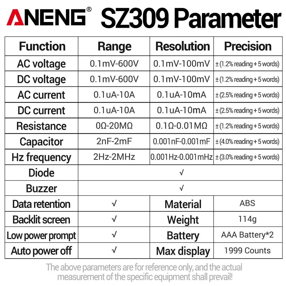 ANENG SZ309 Smart Multimeter 1999 Count Voltage Meter Multimetro Easy