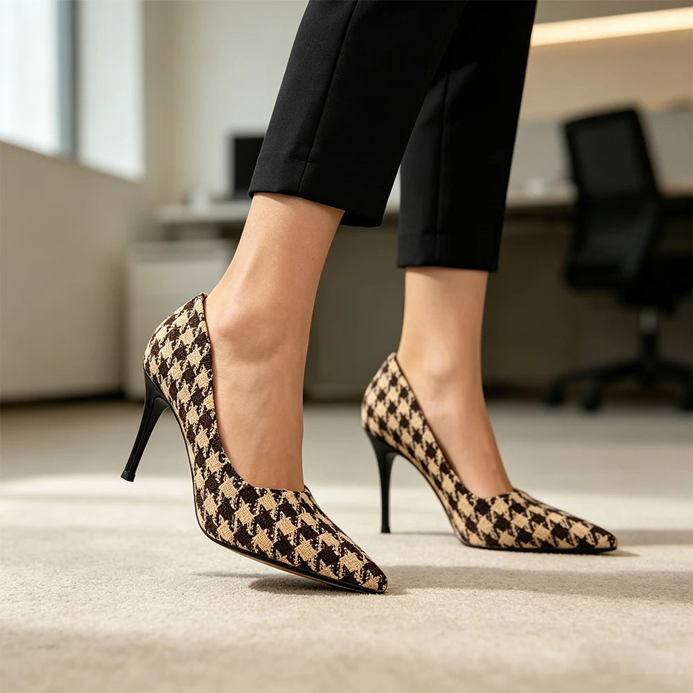 Women's Vintage Houndstooth Pointed Toe Pumps | 9cm Heels