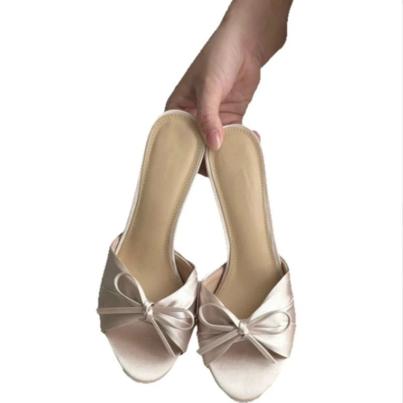 Women's Satin Bow Slippers 2026 Summer Open Toe Women Stiletto Heel