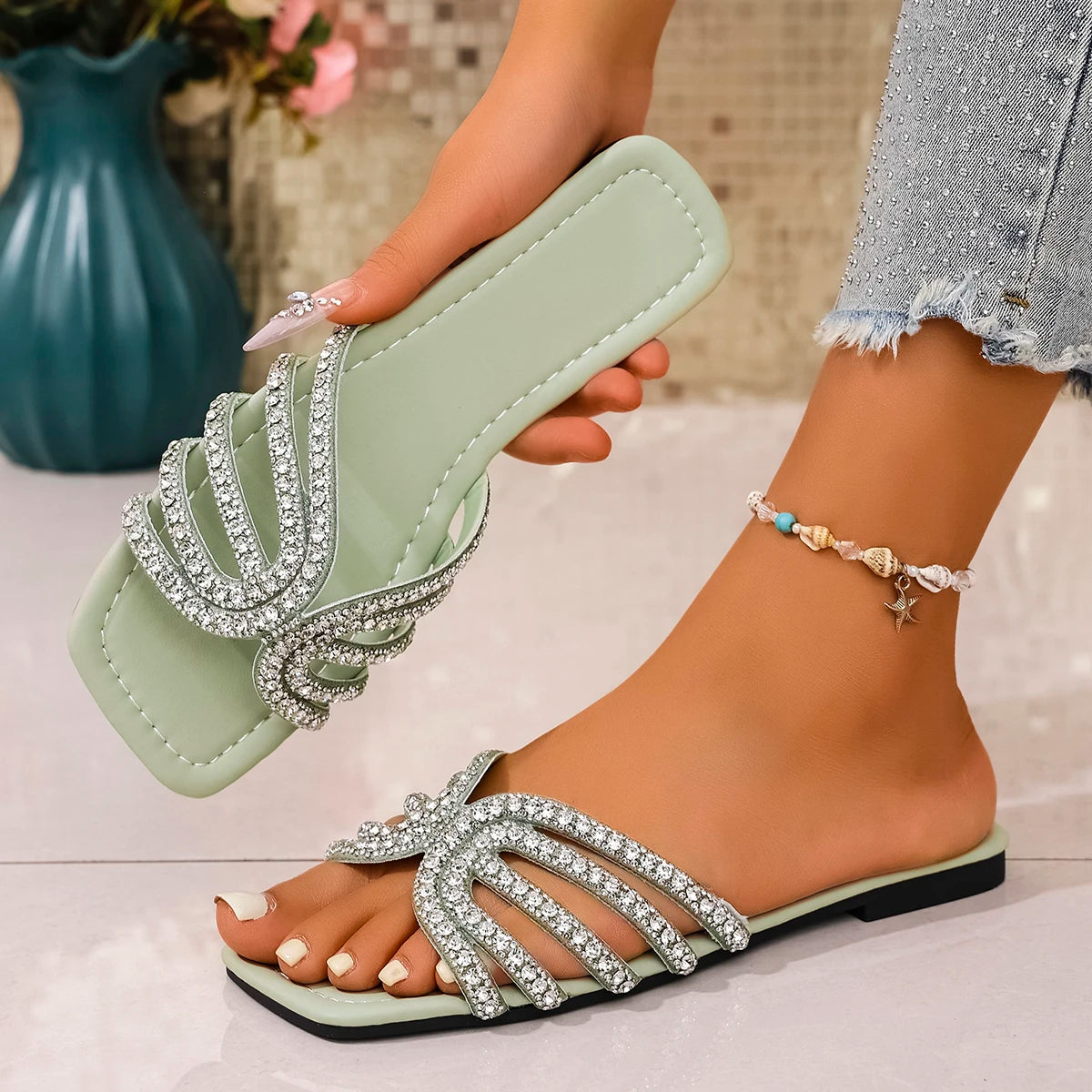 Women Slippers Shiny Rhinestone Sandals Fashion Square Toe Outdoor Zpaxo green 35