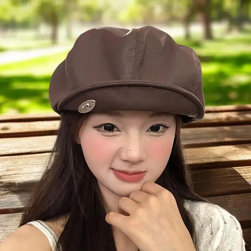 PU Leather Cute Cat Ear Berets Women Solid Casual Newsboy Cap Zpaxo