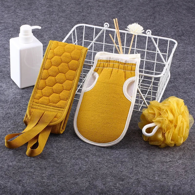 3pcs/set Bath Set Double-side Bath Towel Strong Rubbing Mud Glove Bath Towel Set Washing Towel Set Body Scrub Deep Cleaning Tool Zpaxo Yellow