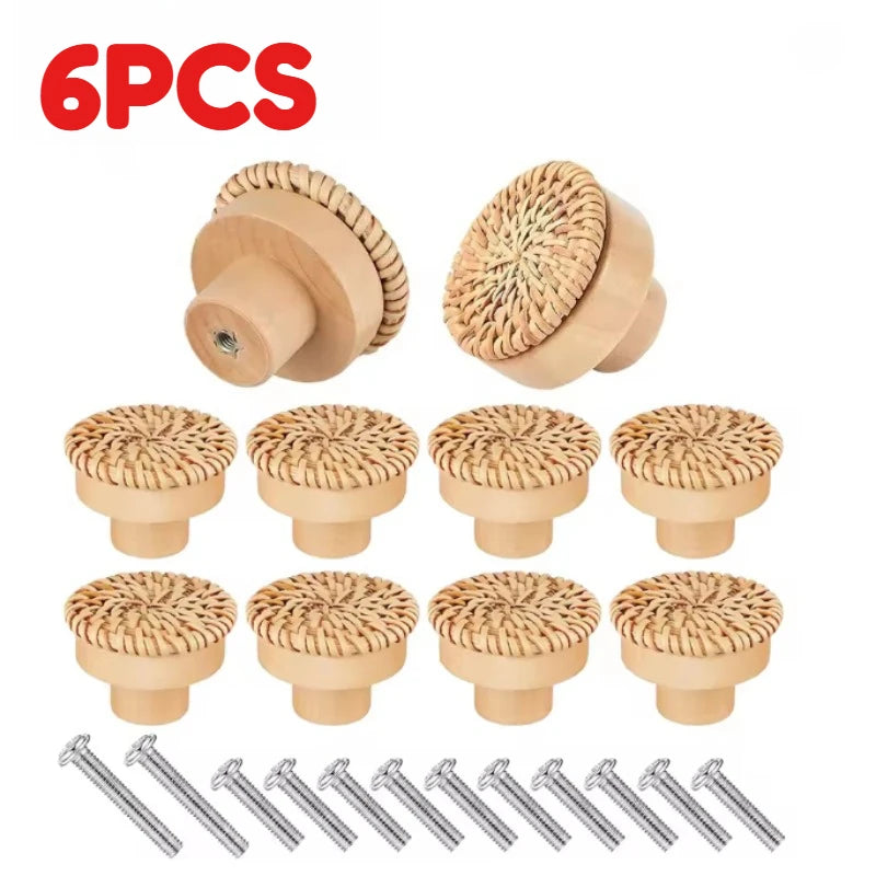 6PCS Rattan Wooden Handles Round Handmade Cabinets Drawer Pulls Wood Kitchen Cupboard Wardrobe Door Dresser Knobs Zpaxo
