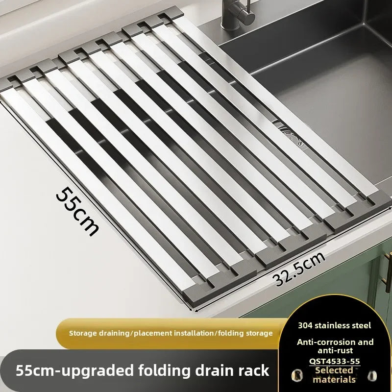 304 Stainless Steel Kitchen Sink Drain Rack Sink Bowl and Dish Storage Rack Foldable and Retractable Drain Basket Placema Zpaxo 55x32.5cm