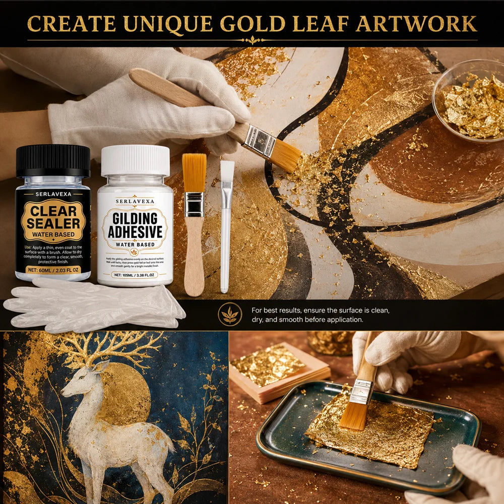 SIKEZHAN Gold Leaf Adhesive & Clear Sealer Kit, Gilding Glue for Wood & DIY Art, Crystal Finish, Brushes Gloves Kit, 105ml 60ml Zpaxo