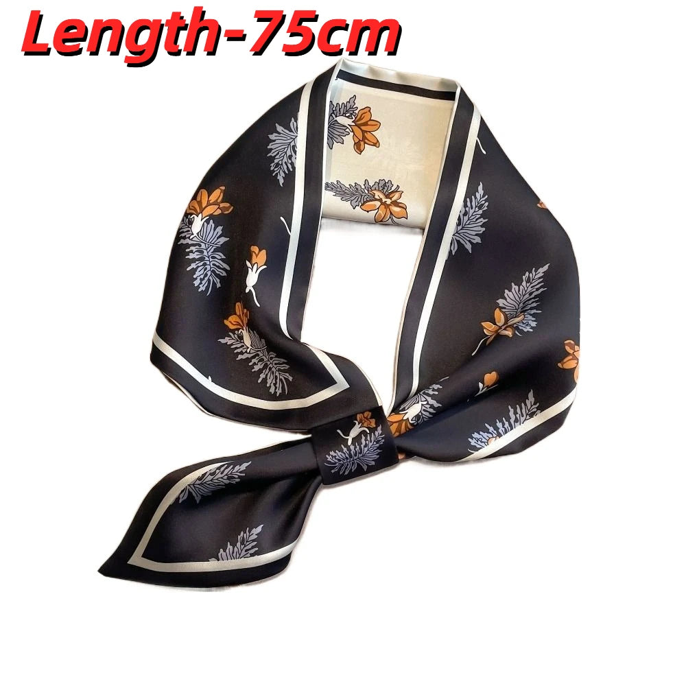 New 75cm Women Silk Scarf Multi-functional Elegant Ladies Neck Tie Flower Print Convenient Satin Silk Ribbons Summer Zpaxo