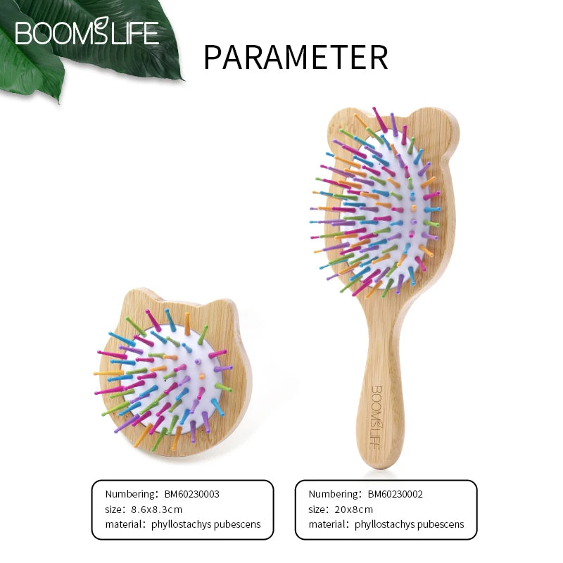 BOOMSLIFE Custom Bamboo Hair Brush Women Cute Cat Style Wood Comb For Girl Wide Teeth Airbag Massage Brush Anti-static Hair Comb Zpaxo