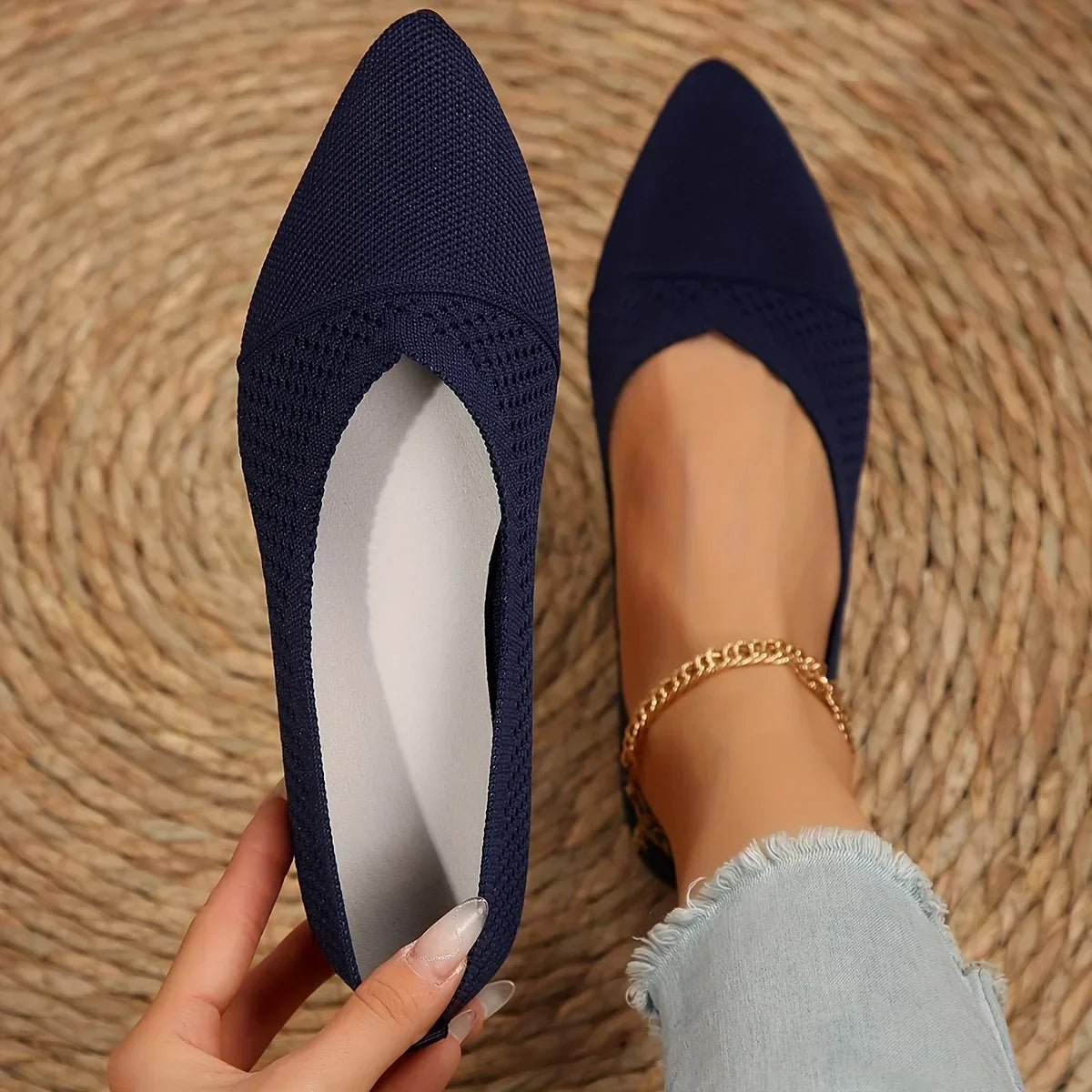 Women Flat Shoes Solid Color Knitted Slip on Loafers Women Pointed Toe Ladies Shoes Casual Breathable Ballet Women Flat Shoes Zpaxo Navy Blue 43