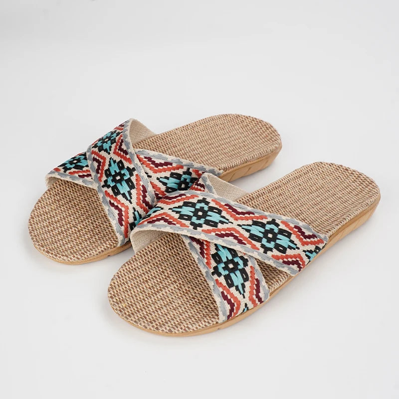 SHAJI Summer Women's Linen Slippers Home Lightweight Indoor Non-slip Zpaxo 2502 Blue 40-41