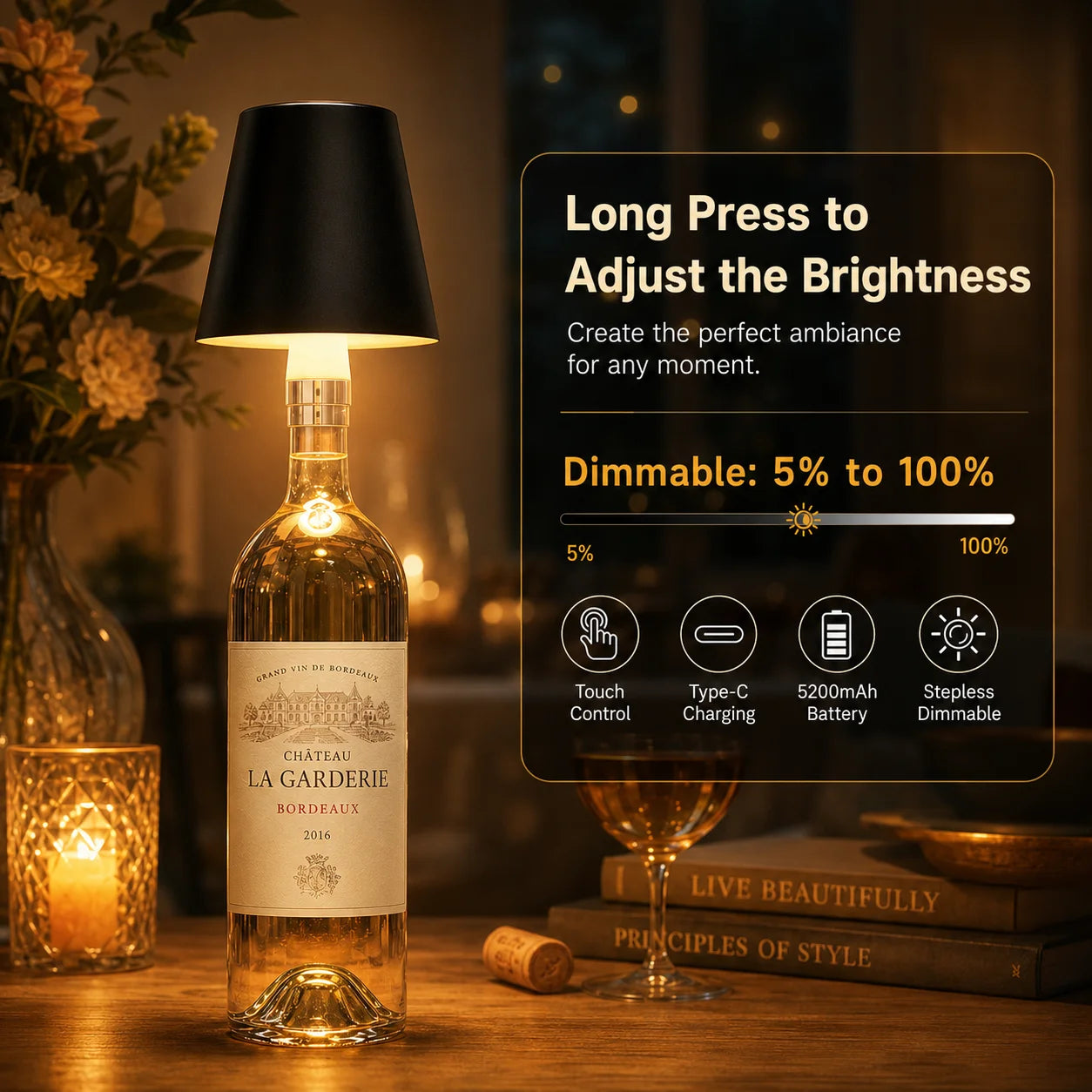 Wireless LED Bottle Lamp Rechargeable RGB Dimmable Wine Bottle Light Portable for Bar Restaurant Camping Party Decor Night Light Zpaxo